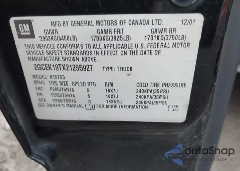 2002 Chevrolet Silverado 1500 Ls z USA, uszkodzony, nr VIN 2GCEK19TX21255927